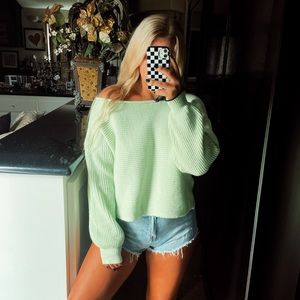 Green off the shoulder knit sweater